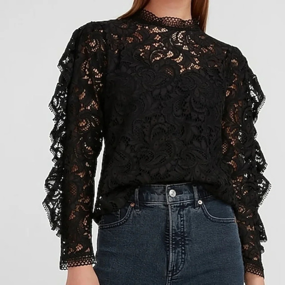 NWT Express Lace Mock Neck Ruffle Sleeve Top Blouse Black Size S $98 NEW - Picture 1 of 4